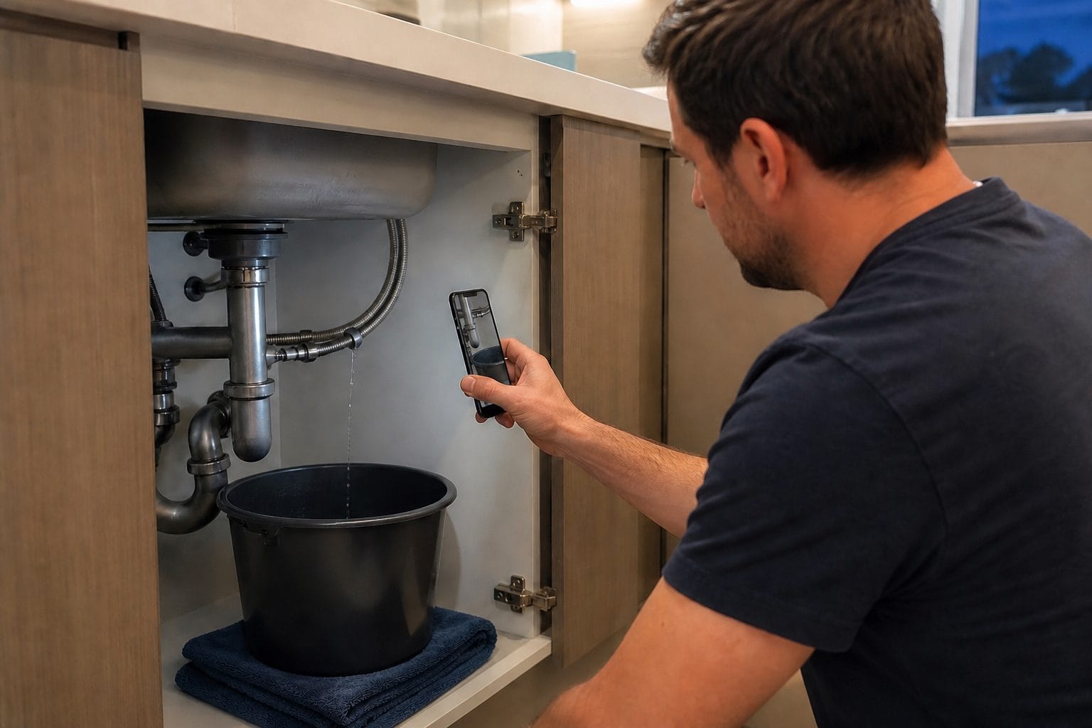 Homeowner photographing a small under-sink leak while a bucket contains the water
