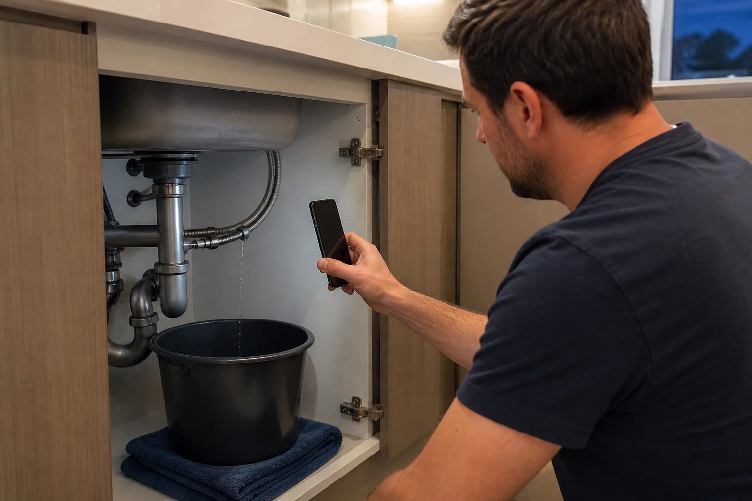 Homeowner photographing a small under-sink leak while a bucket contains the water