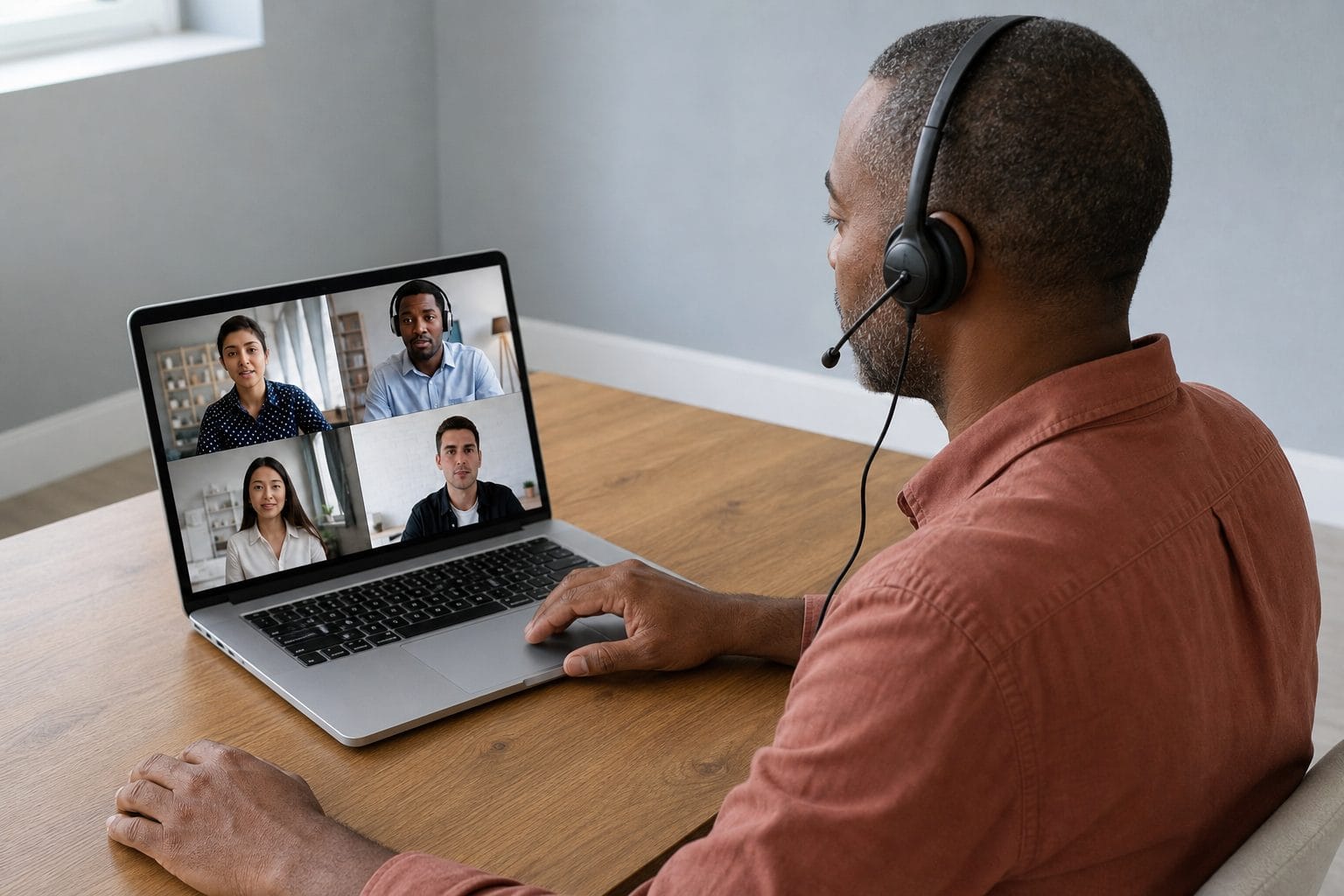 Male online course instructor hosting a live class with four learners on a laptop