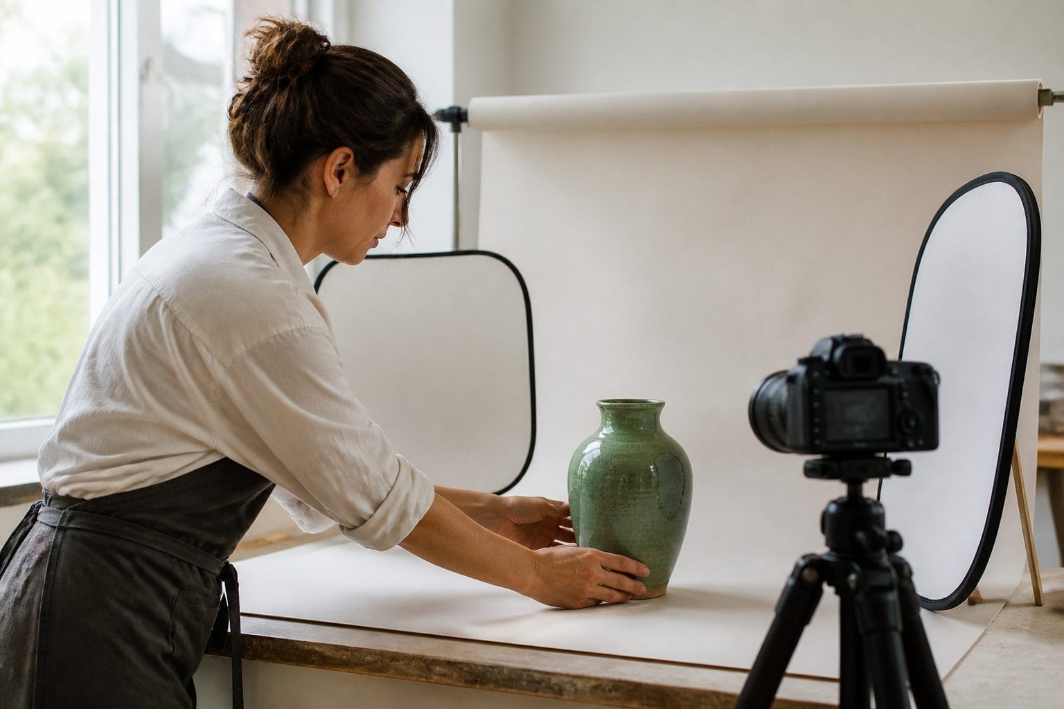 Online store owner photographing a handmade vase in a simple daylight product studio