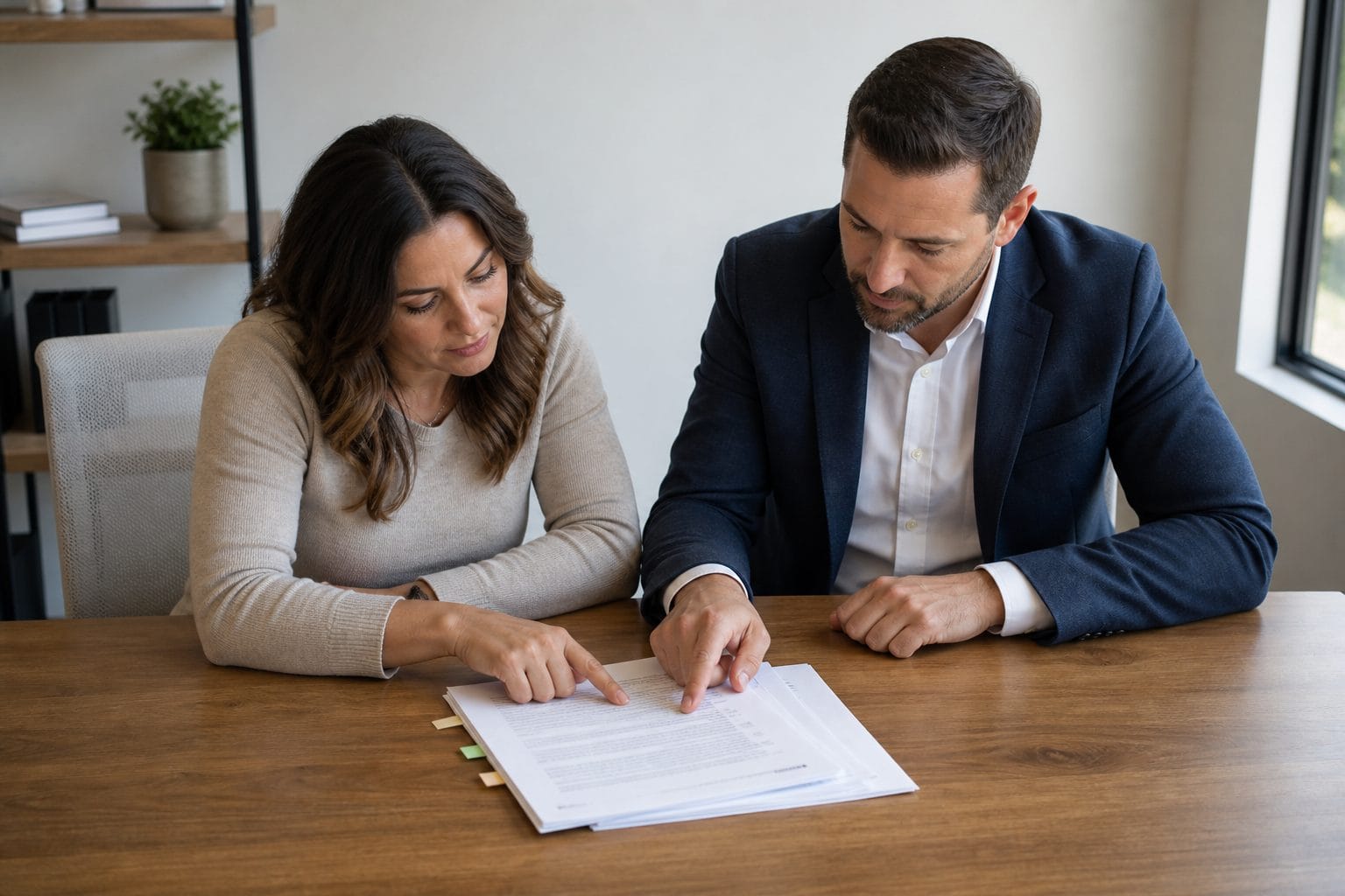Real estate agent and transaction coordinator reviewing contract pages together