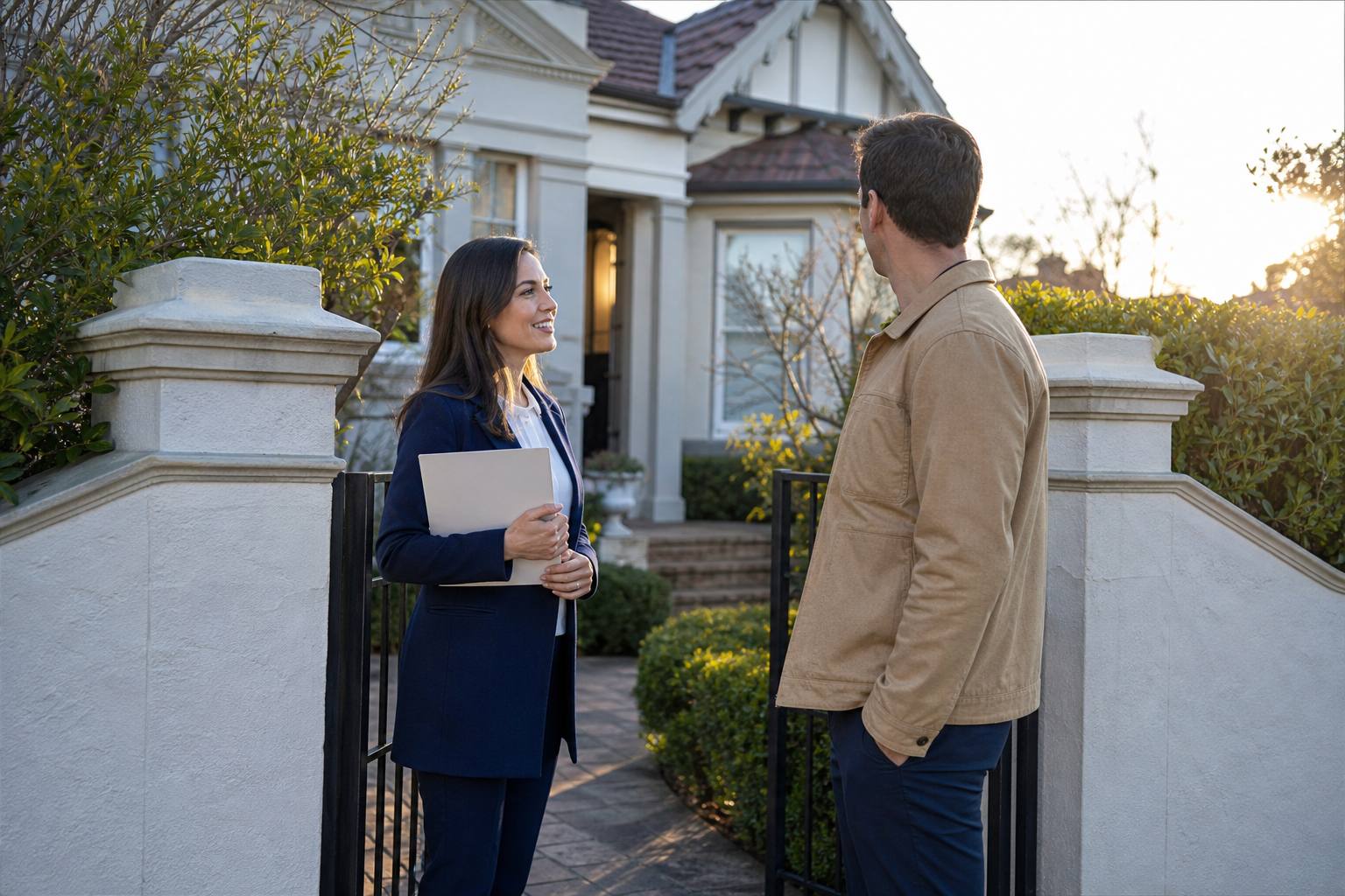 Real estate agent greeting a prospective buyer outside a residential property