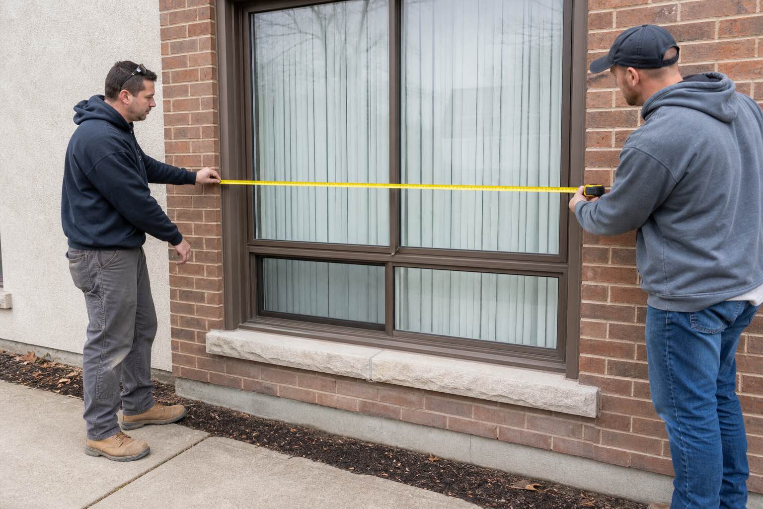 Two exterior-renovation workers measuring a window opening before preparing a quote