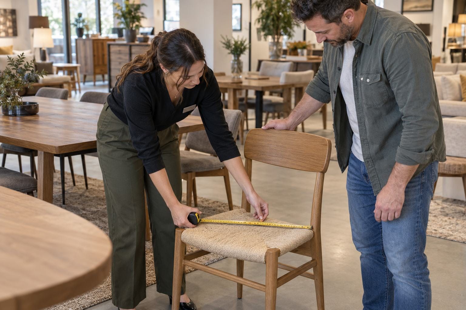 Furniture assistant and customer checking the width of a dining chair