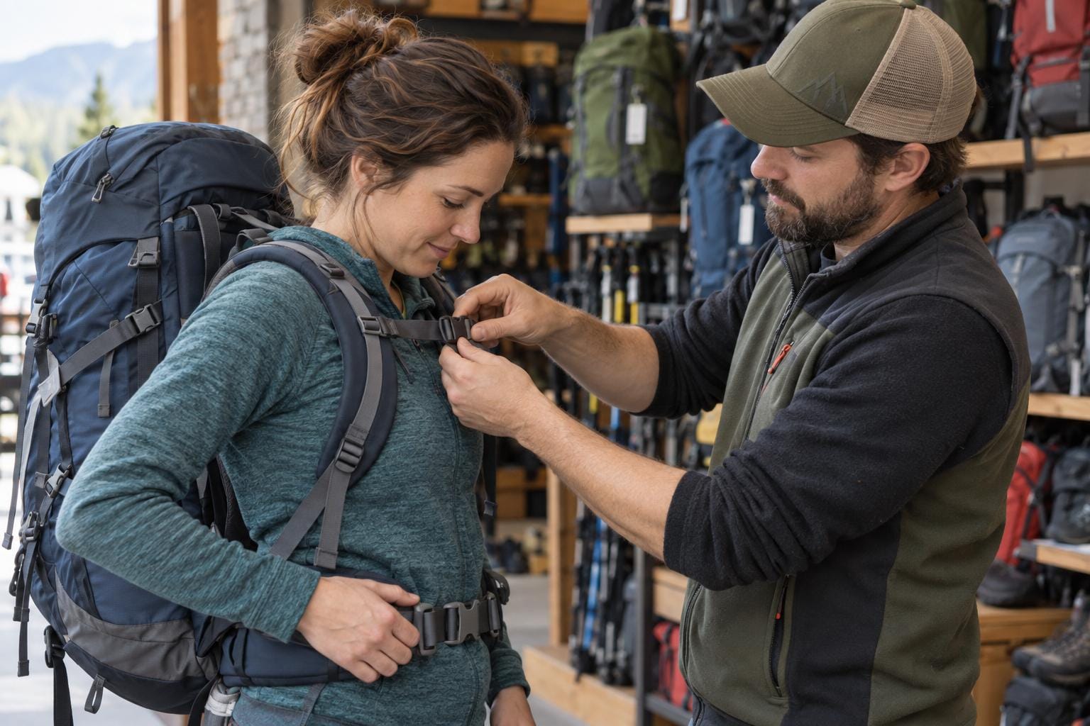 Outdoor shop assistant helping a customer adjust a hiking rucksack