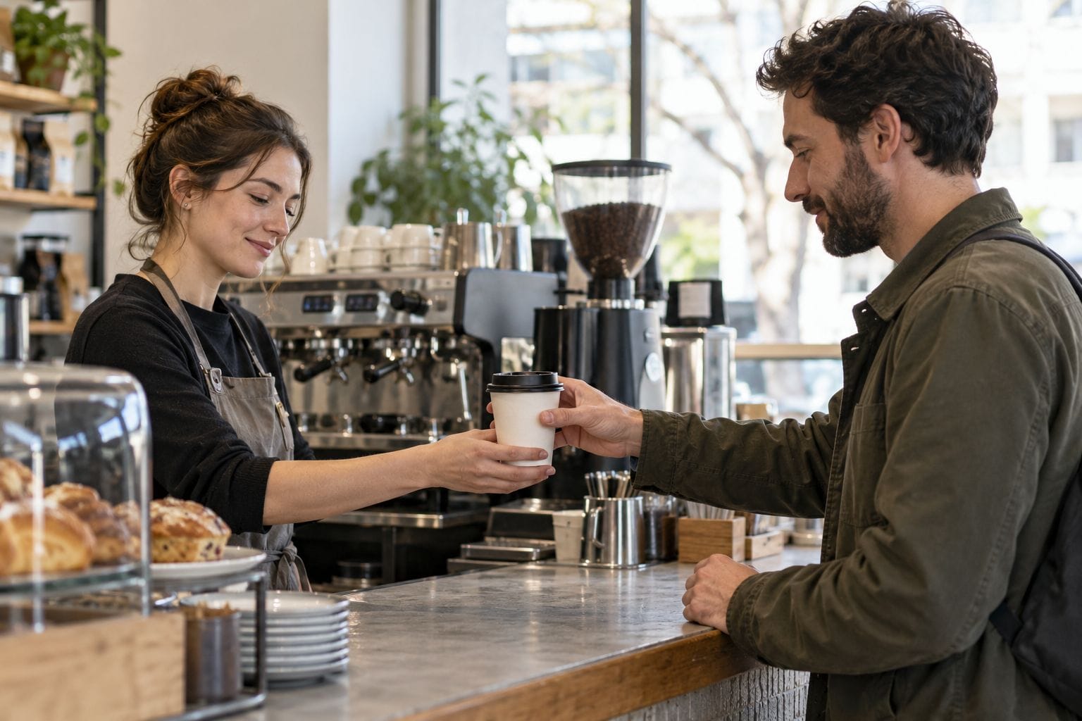 Cafe worker handing a completed takeaway drink to a customer