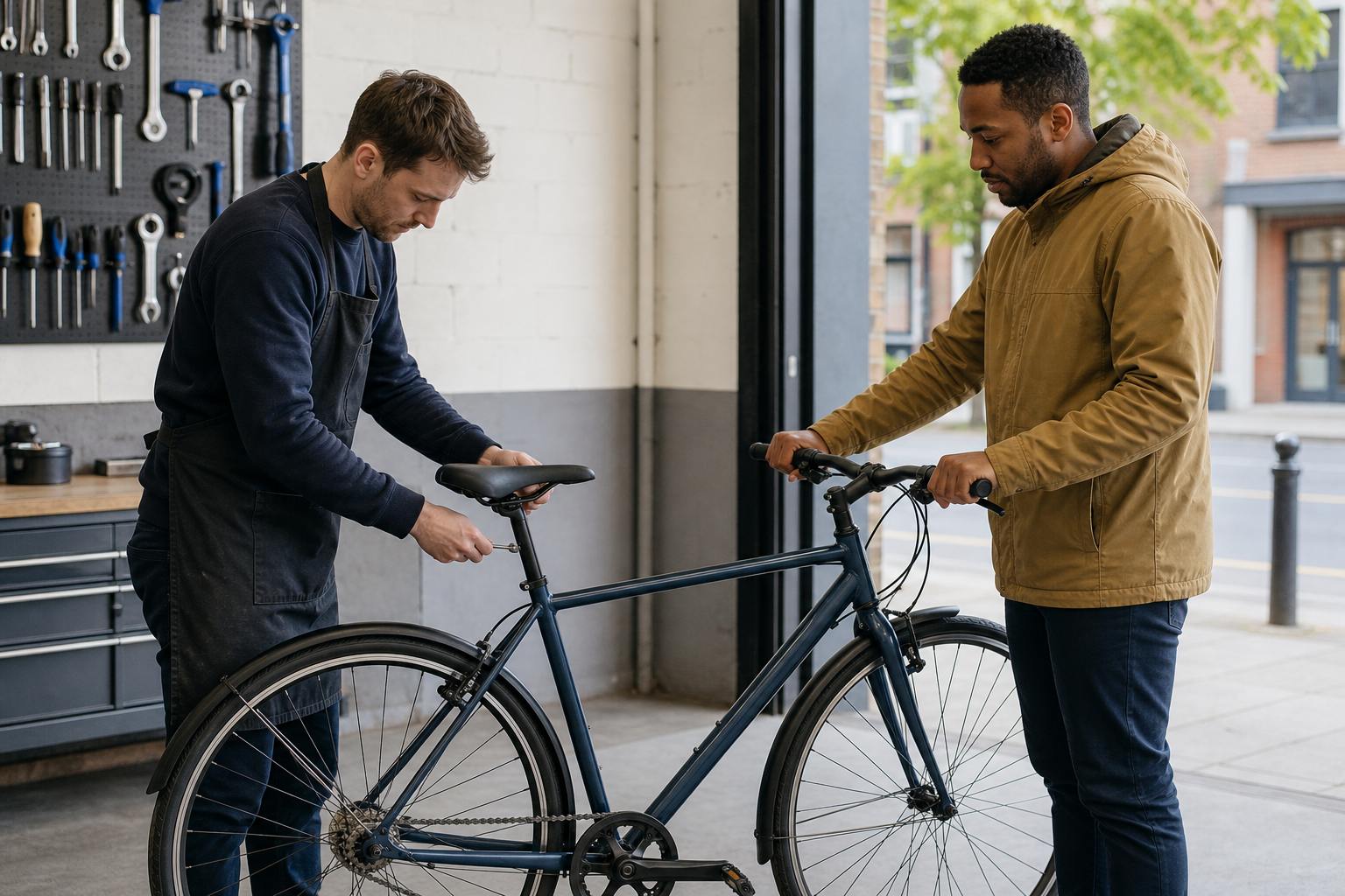 Bicycle technician adjusting saddle height while the customer steadies the bicycle