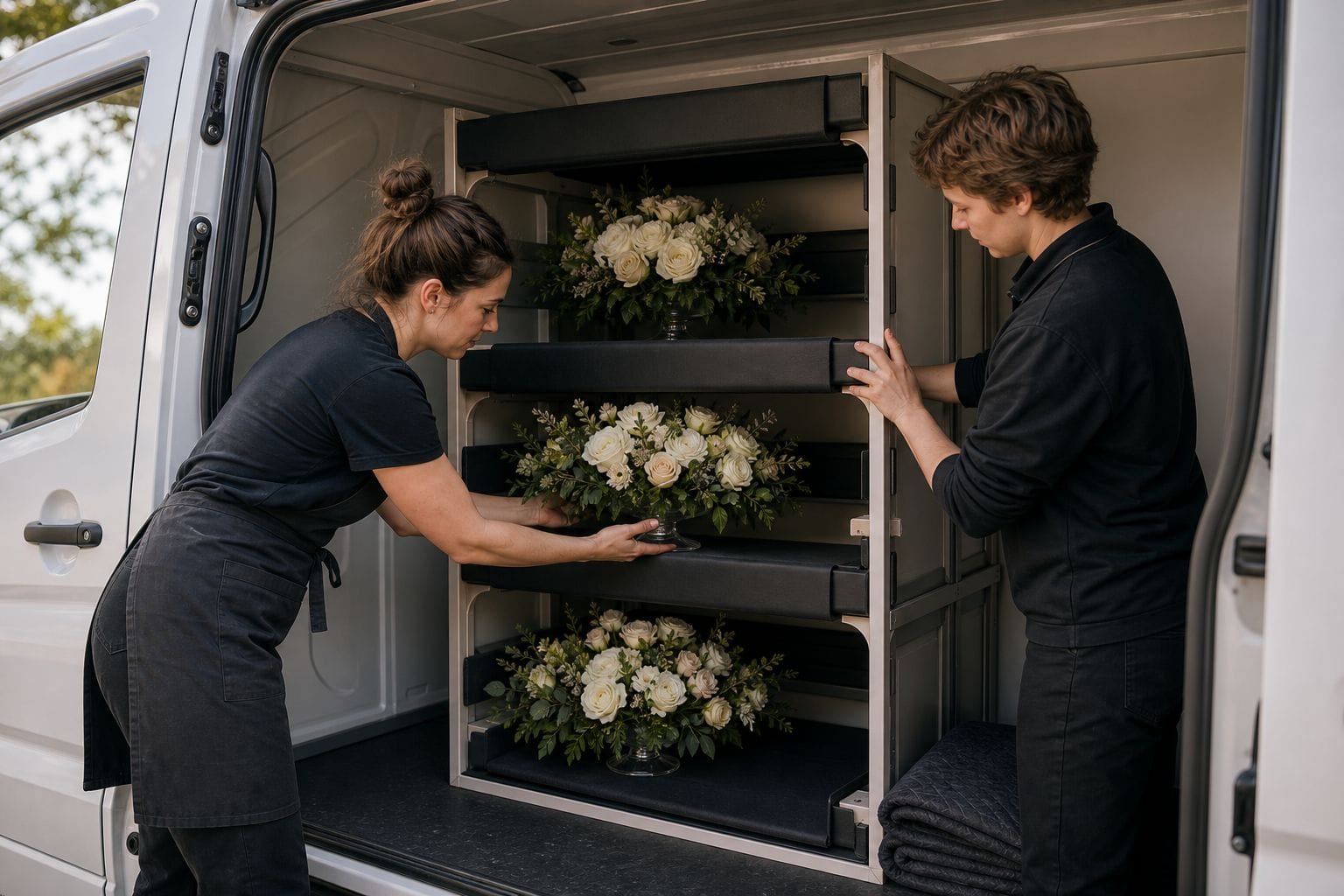 Florist team securing wedding centrepieces in a delivery van