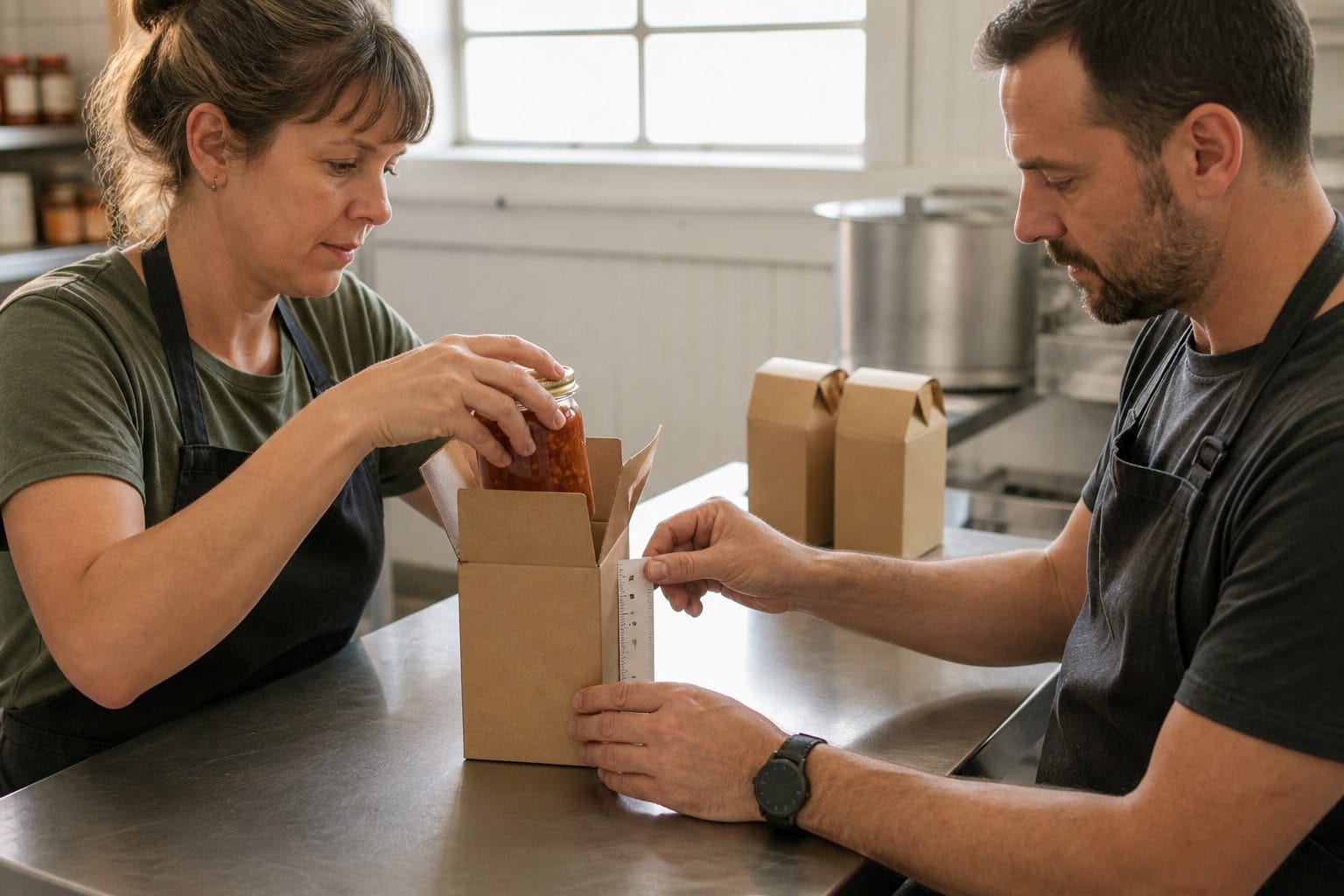 Food producer and packaging supplier checking a jar's fit before a proposal