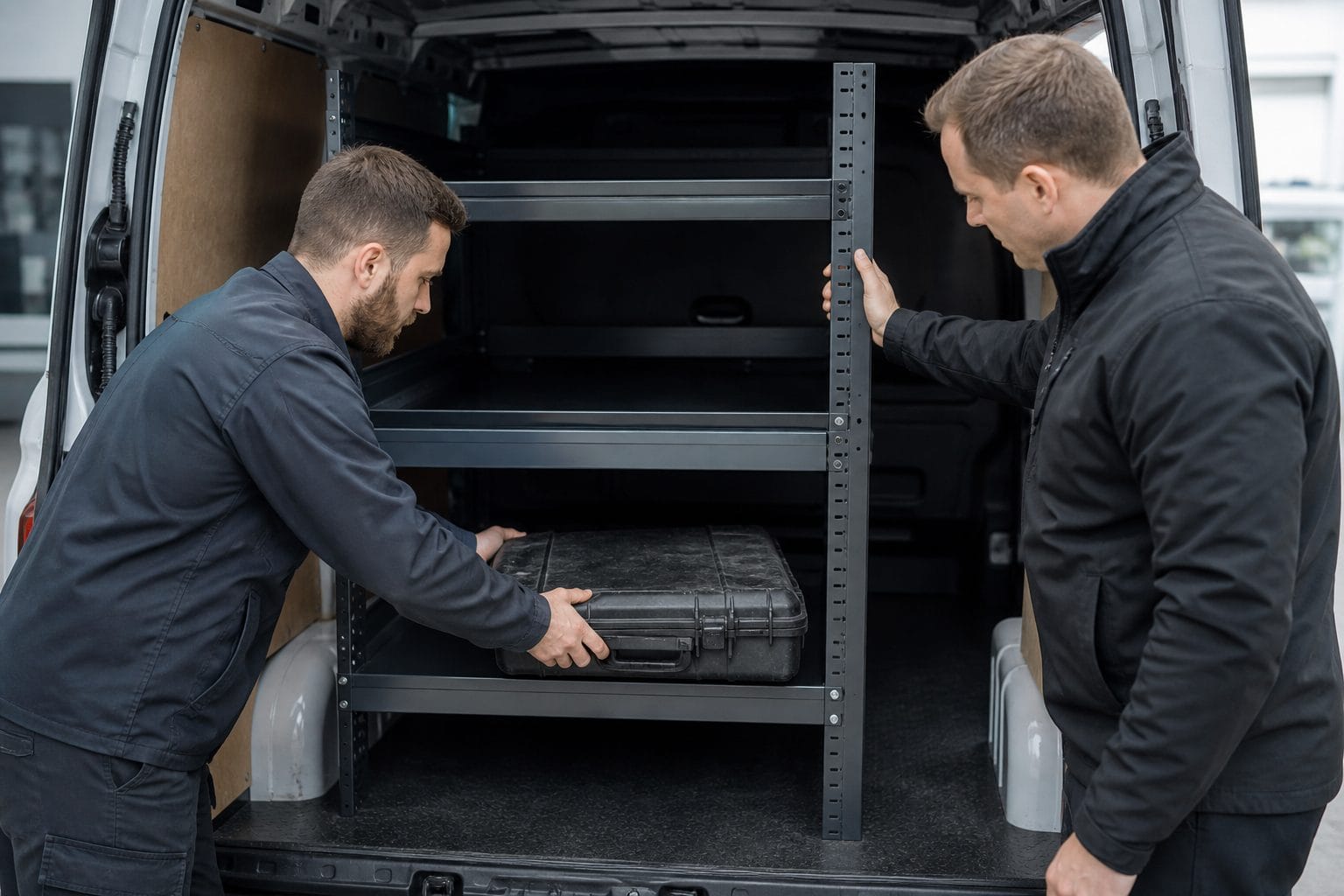 Tradesperson testing a tool case in commercial van shelving with a sales specialist