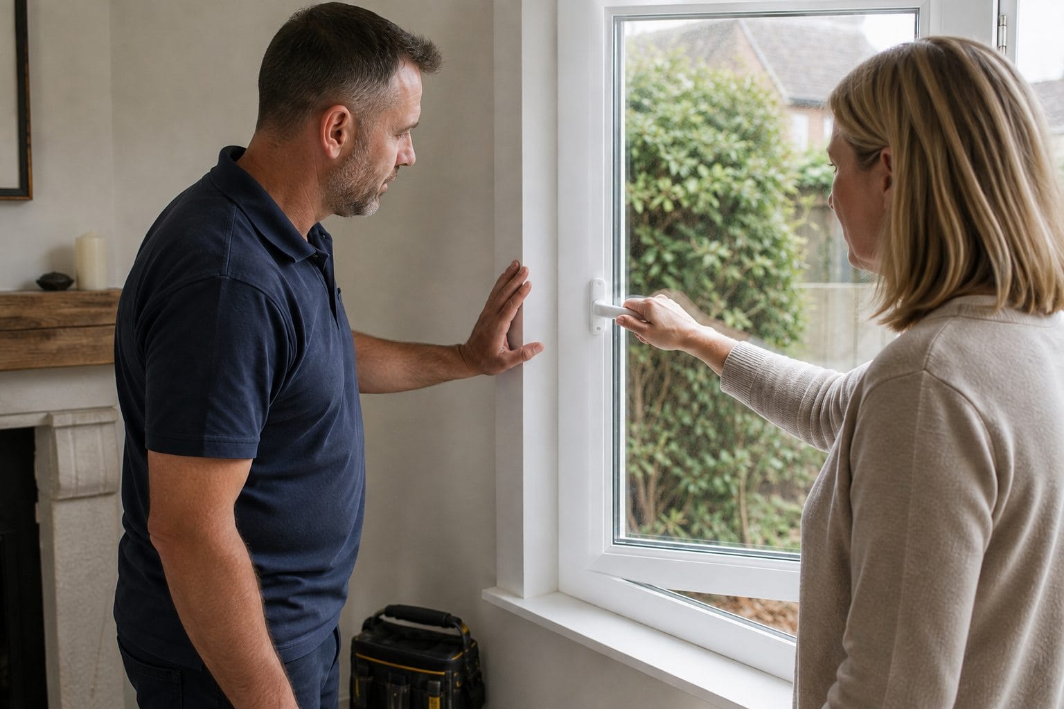 Homeowner closing a repaired casement window while the fitter checks the seal