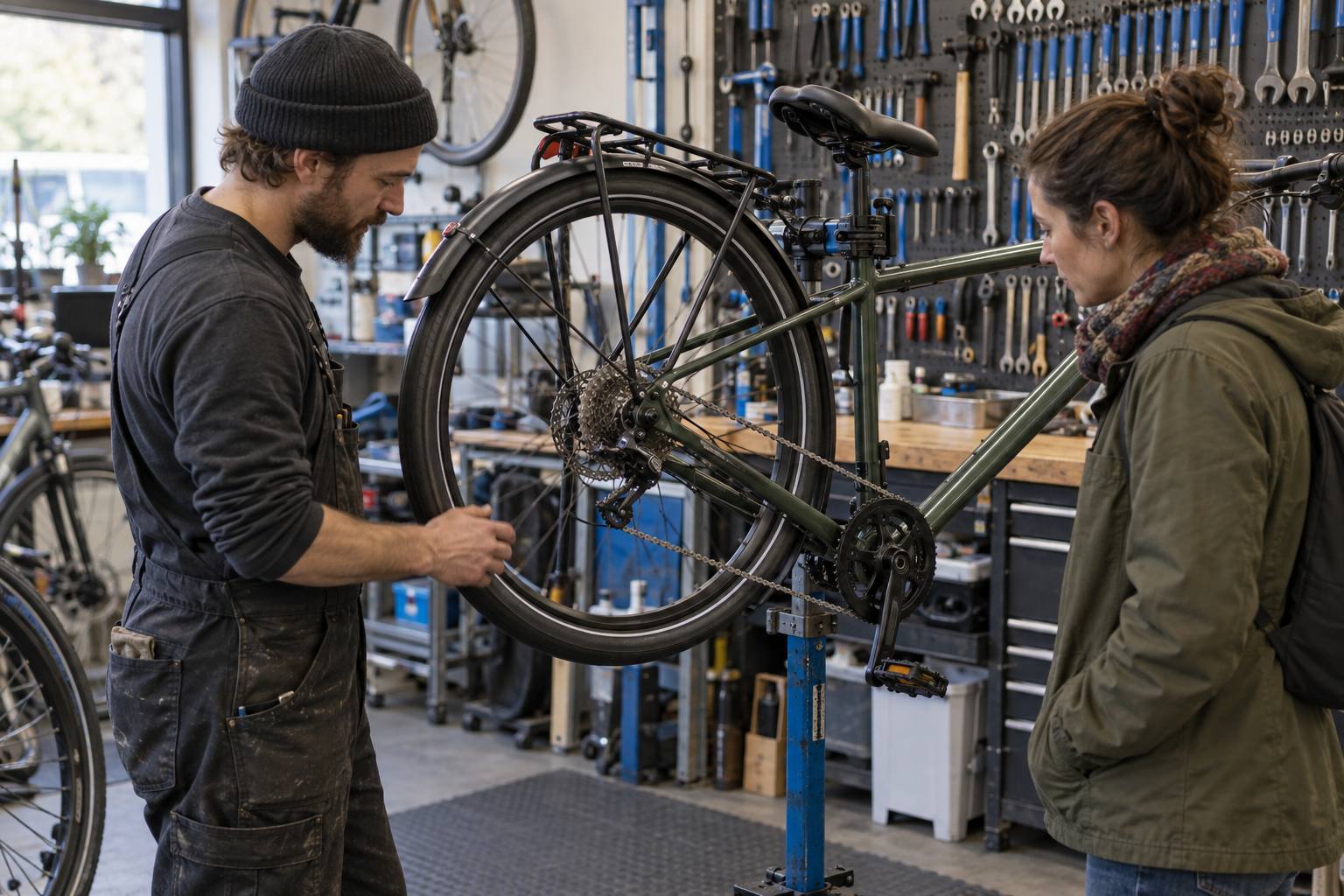 Bicycle mechanic and customer inspecting a commuter bicycle in a workshop