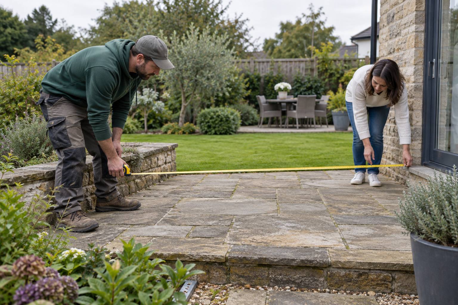 Landscaper and homeowner measuring a patio during a site visit