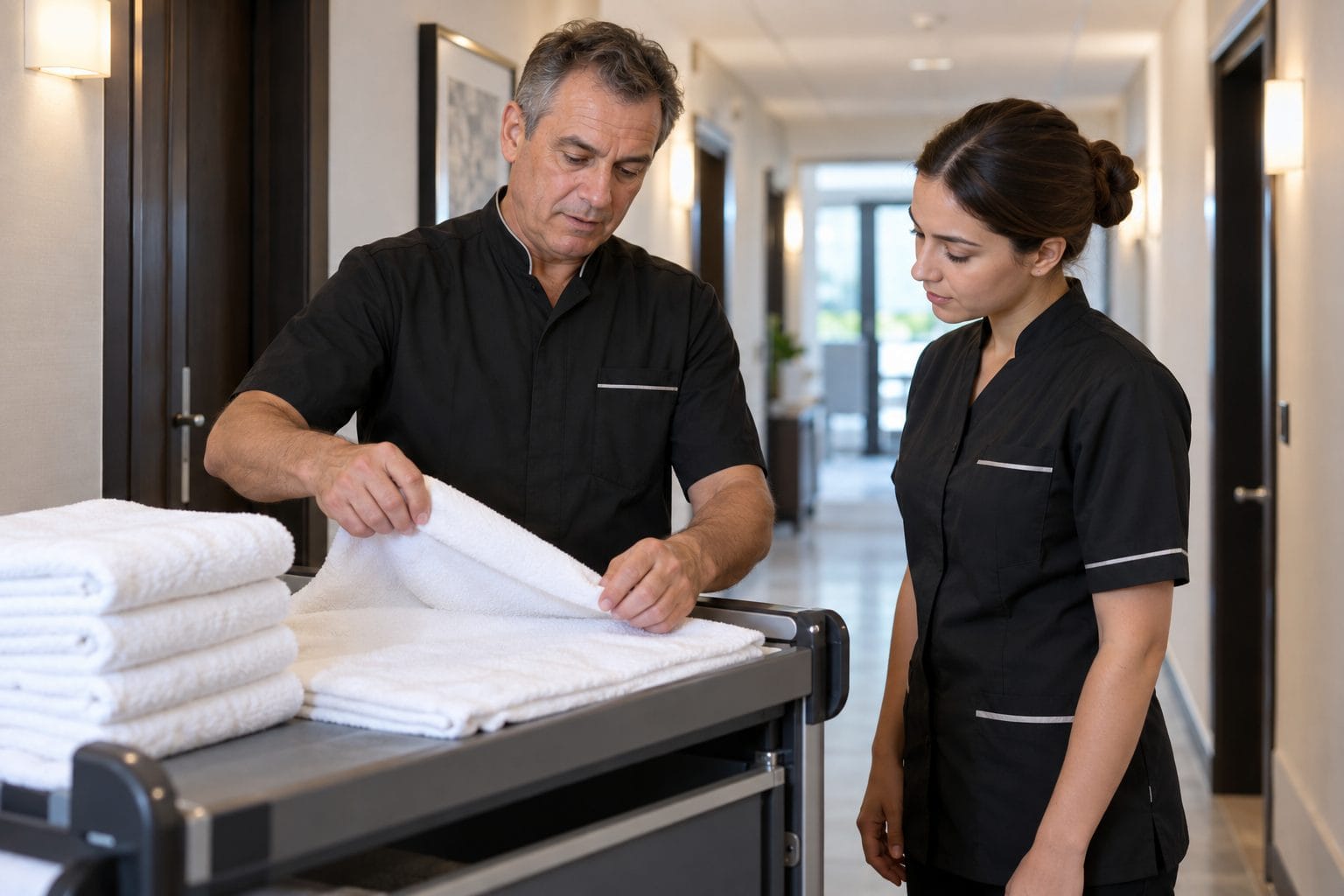 Experienced hotel housekeeper showing a colleague how to fold a towel