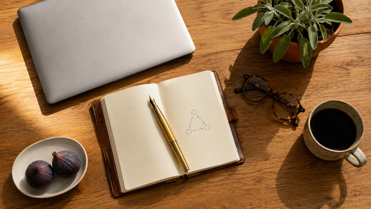 Top-down editorial flat-lay of a coach's workspace — closed laptop, open notebook, brass pen, mug, glasses, sage and figs