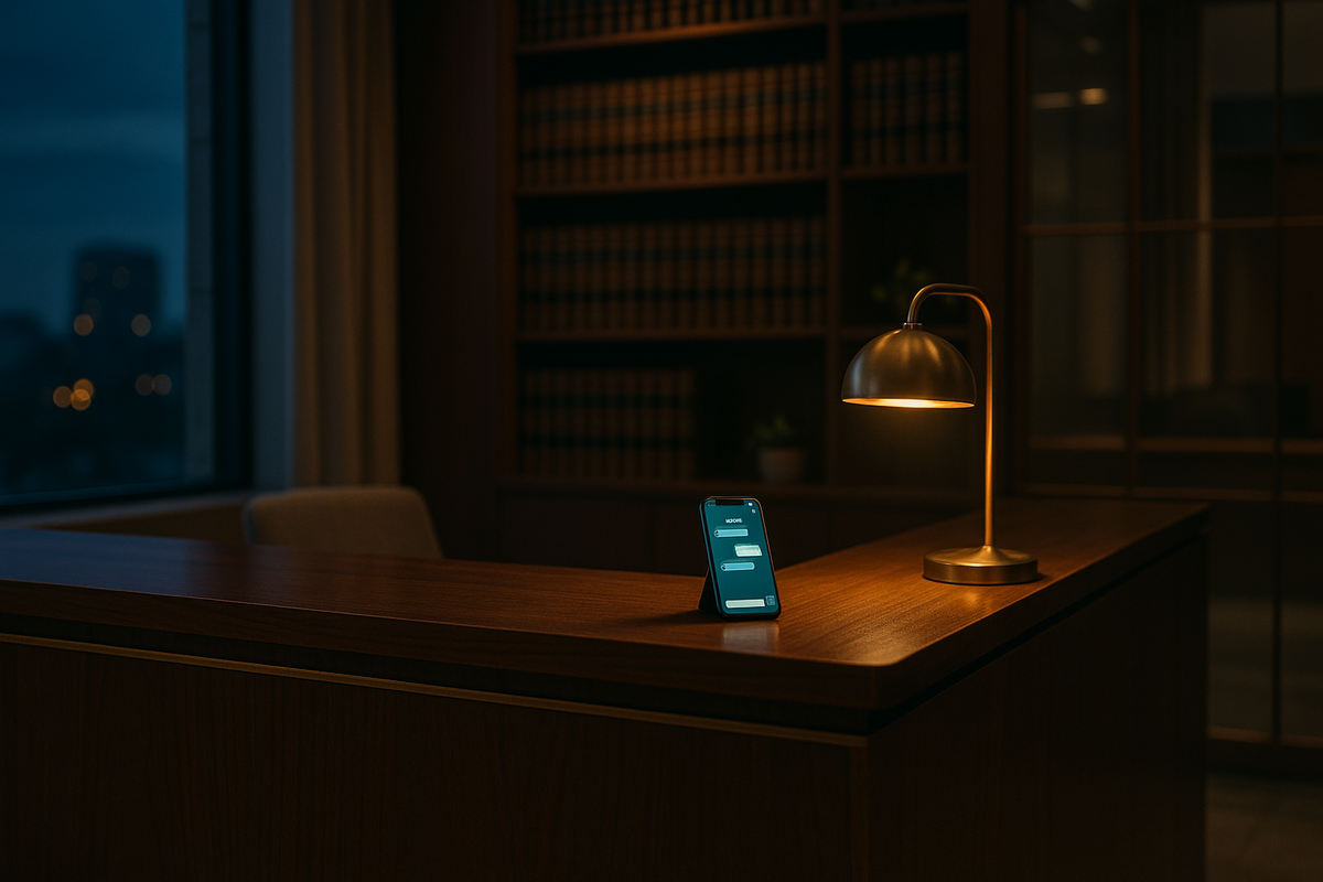A modern sophisticated law firm reception at dusk, empty front desk lit by a brass lamp, a smartphone glowing on the counter with an active chatbot conversation visible — visualising how an 