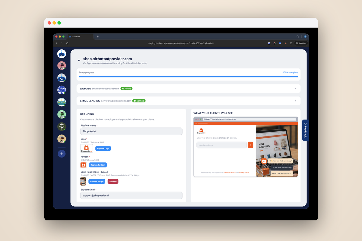 FastBots white-label custom-branding setup: configure a custom domain, brand assets and the chatbot widget your clients see