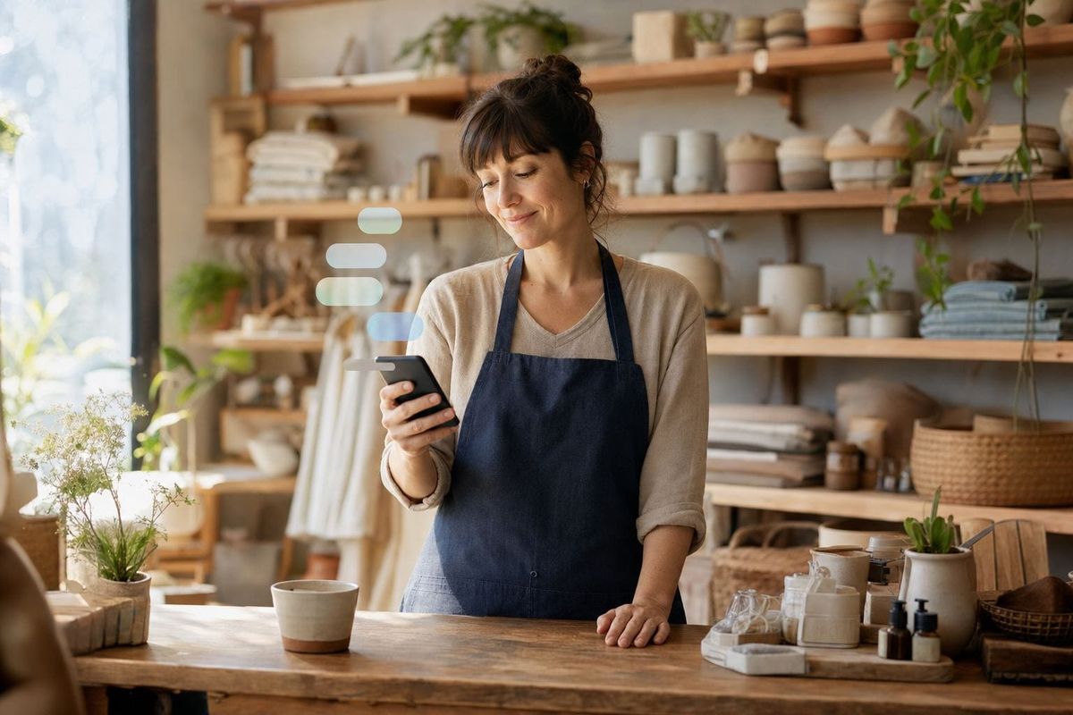 Small independent shop owner smiling at her phone as a chatbot answers customer messages