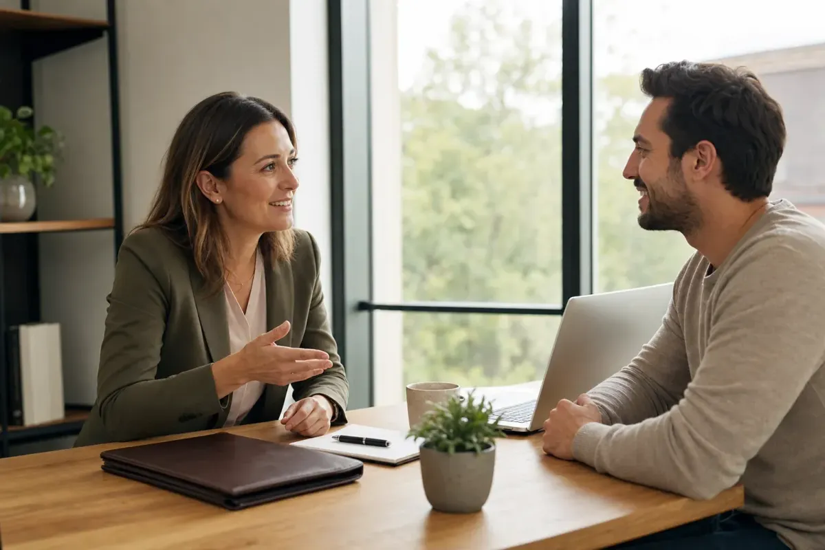 A mortgage broker talking and smiling with a client across a desk in a warm office