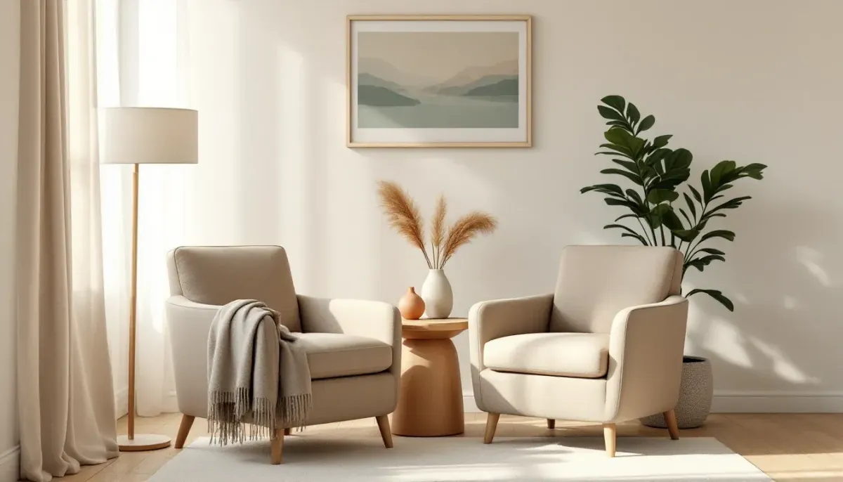 A calm, welcoming therapy practice reception area with soft armchairs and warm light
