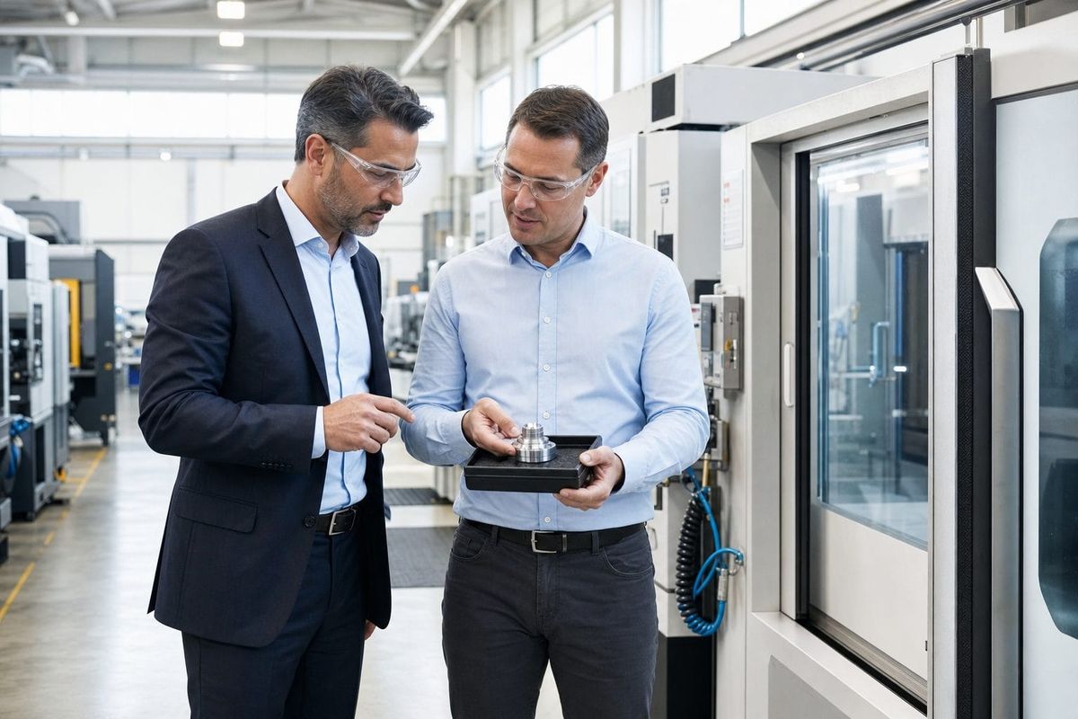 Manufacturing sales engineer discussing a machined component with a procurement visitor on the factory floor