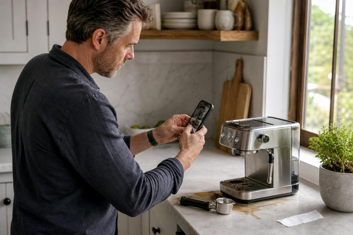 Customer photographing a leaking espresso machine to show the problem in a support email