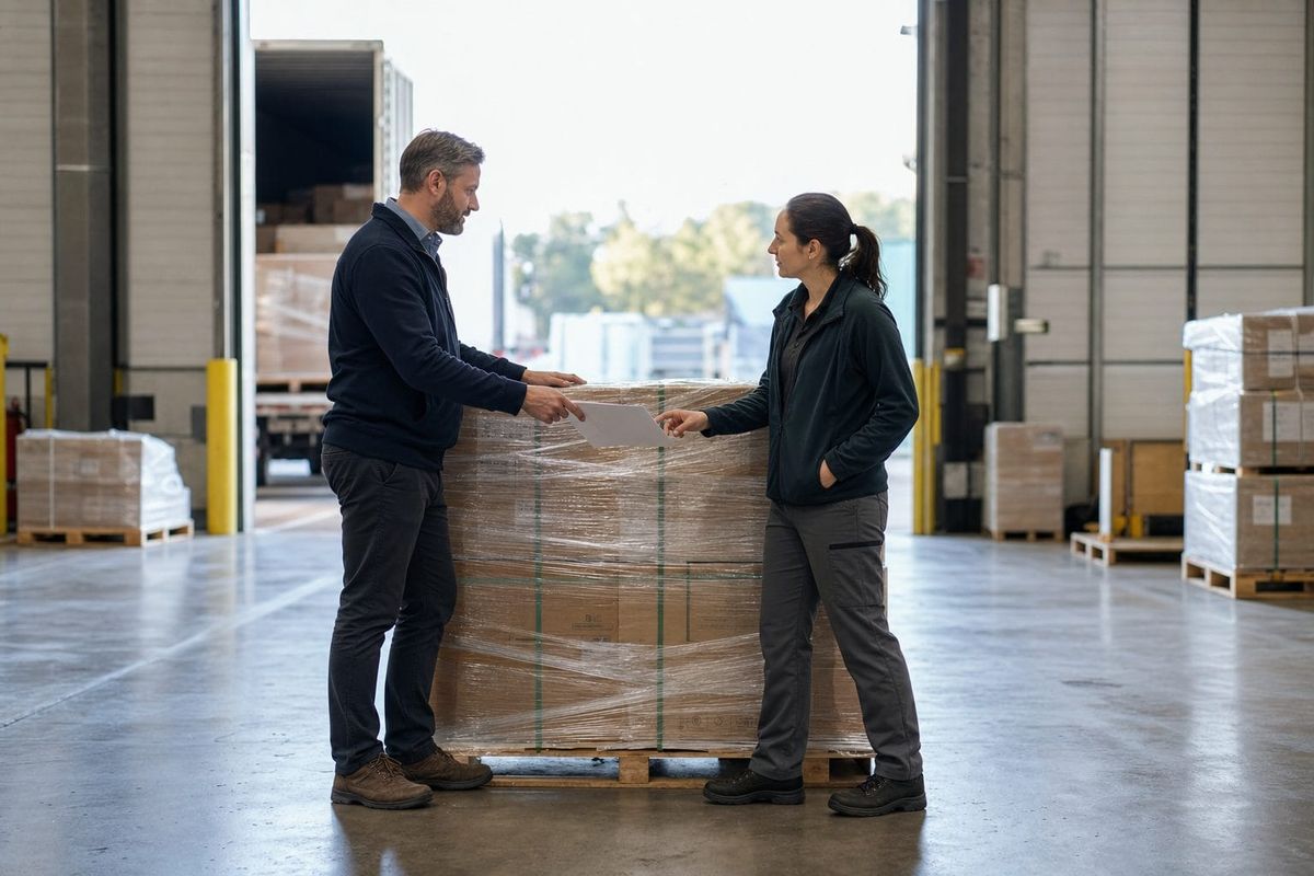 Freight representative and warehouse customer reviewing a pallet before a logistics quote handoff