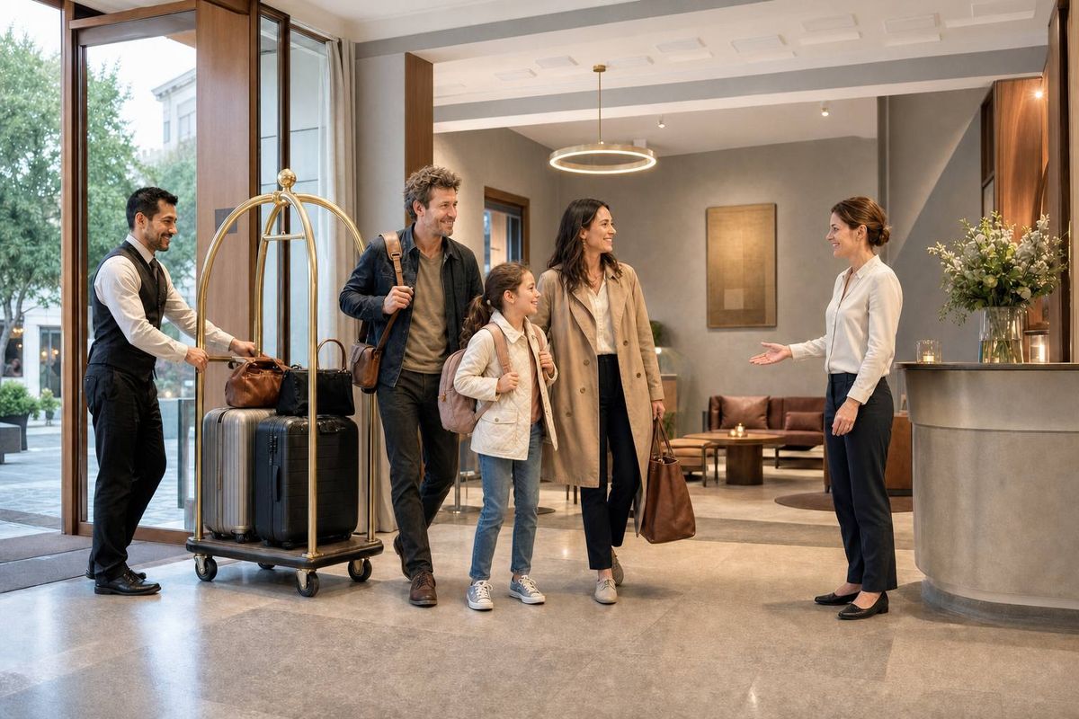Travelling family receiving a warm welcome from hotel staff in a boutique lobby