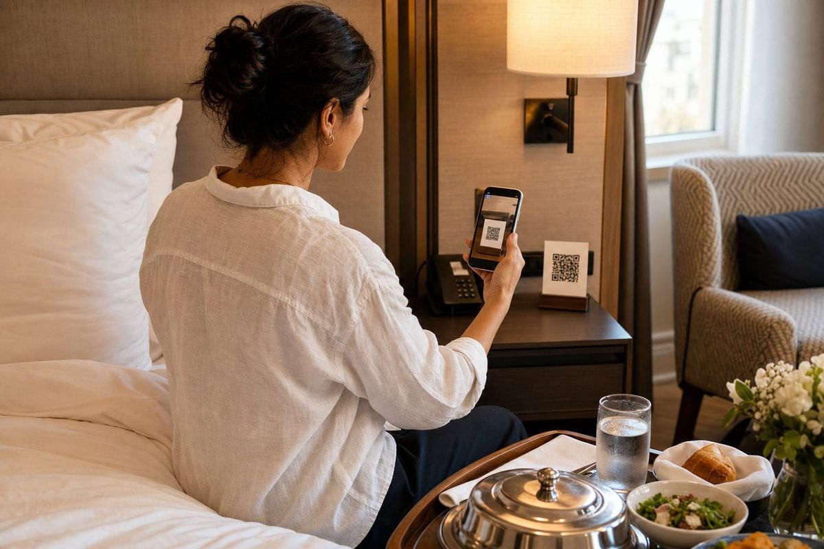 Seated hotel guest scanning a bedside service QR card to start a WhatsApp conversation