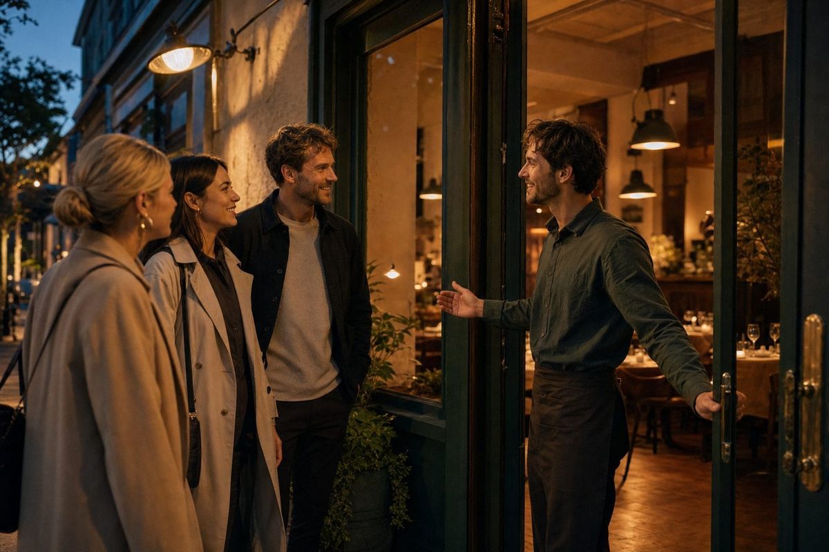 Restaurant host welcoming a small group of diners at the entrance before evening service