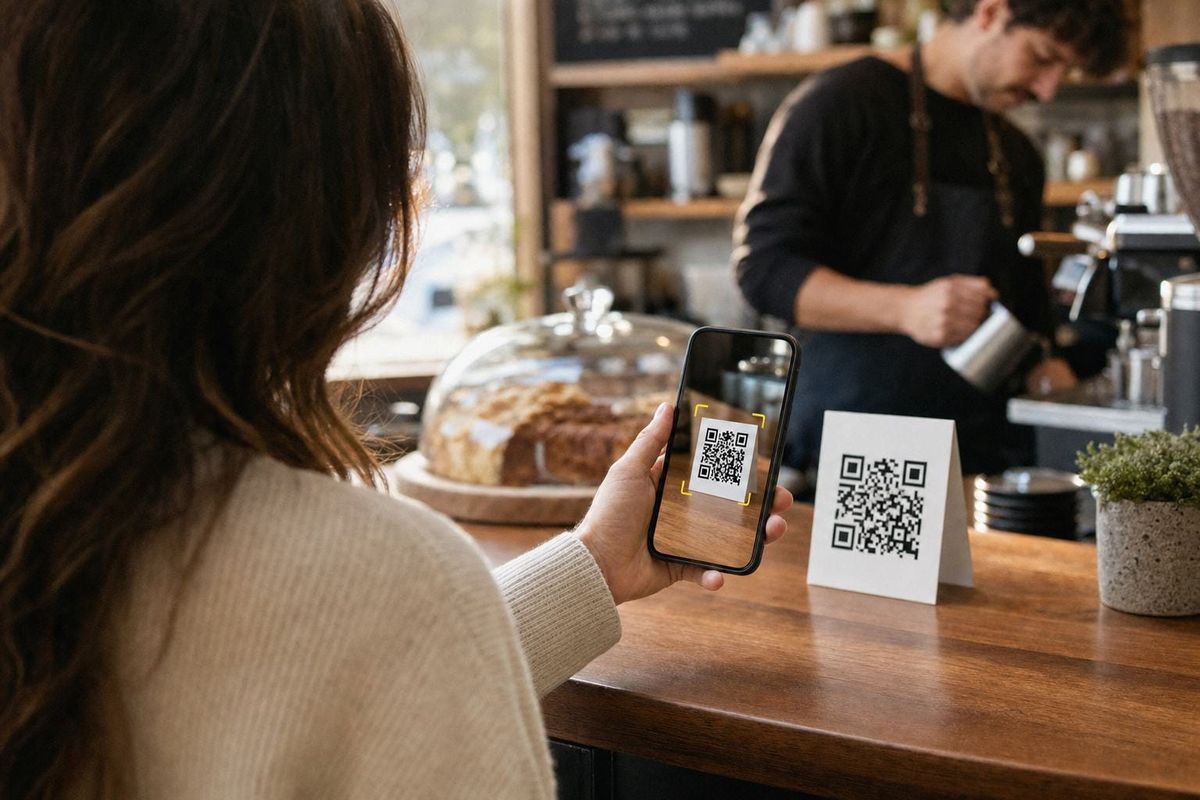Customer scanning a QR code table card with her phone camera at a coffee shop counter