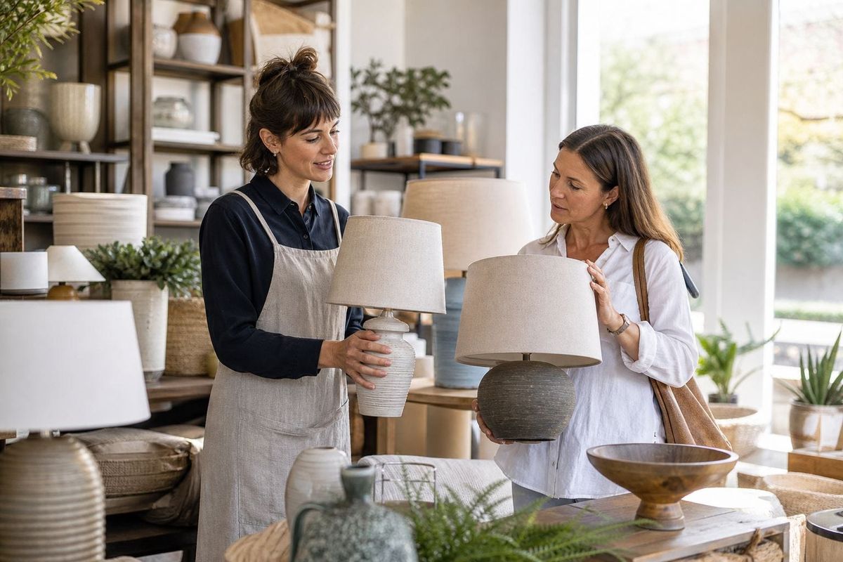 Shop assistant helping a customer compare table lamps in an independent homewares store