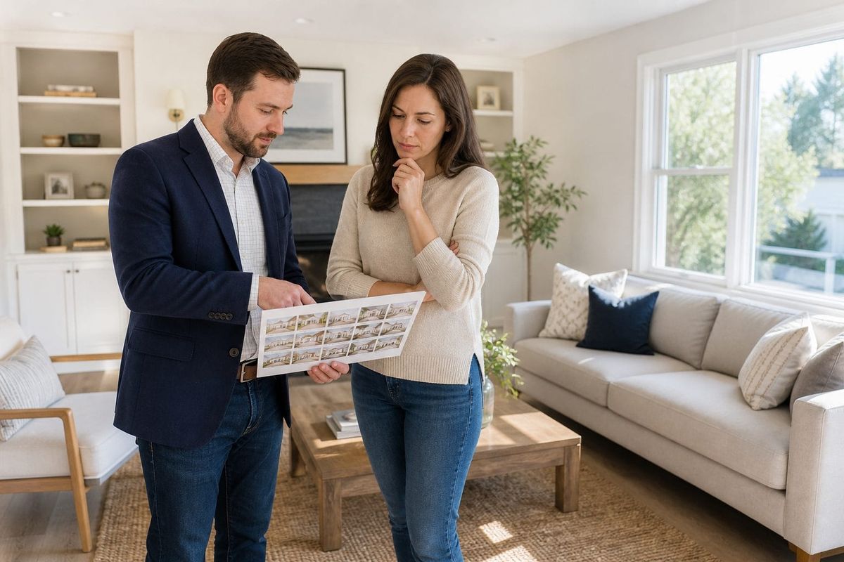 Real estate agent and homeowner reviewing property photographs in a bright living room