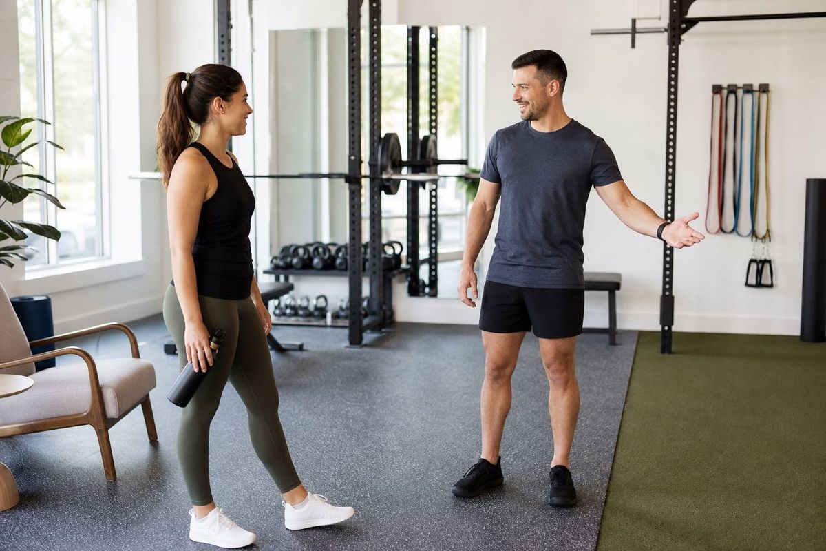 Personal trainer welcoming a prospective client at a bright independent studio
