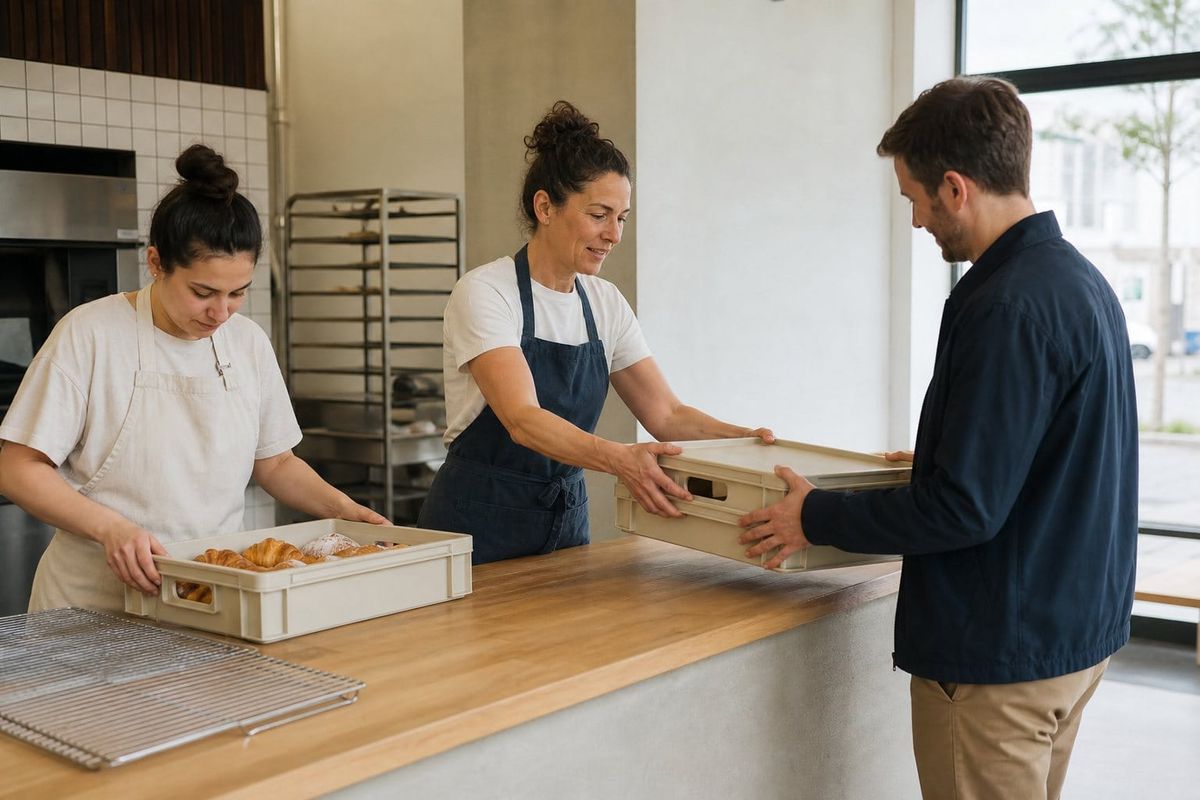 Bakery team completing a two-crate catering order handoff to a customer