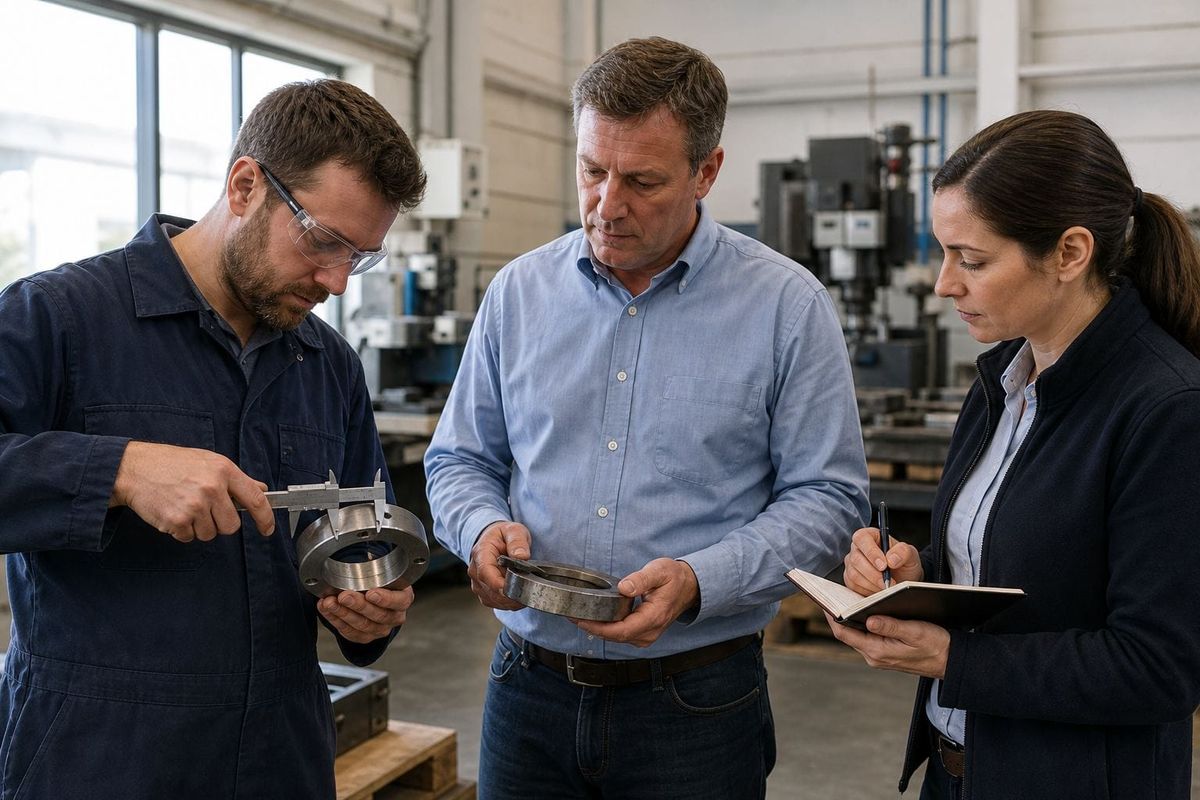 Sales engineer measuring a buyer's metal component while the requirement is recorded