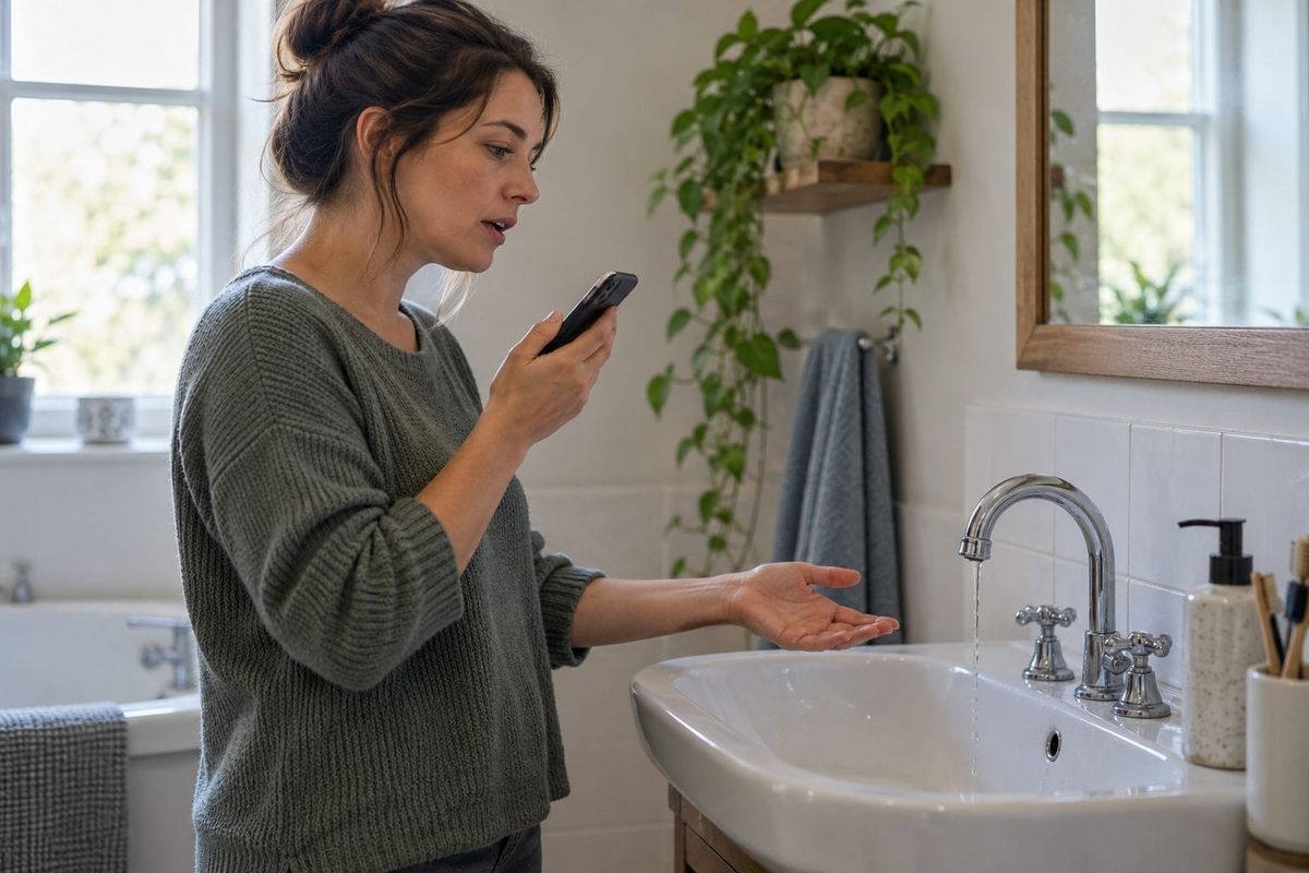 Homeowner describing a dripping bathroom tap during a voice enquiry