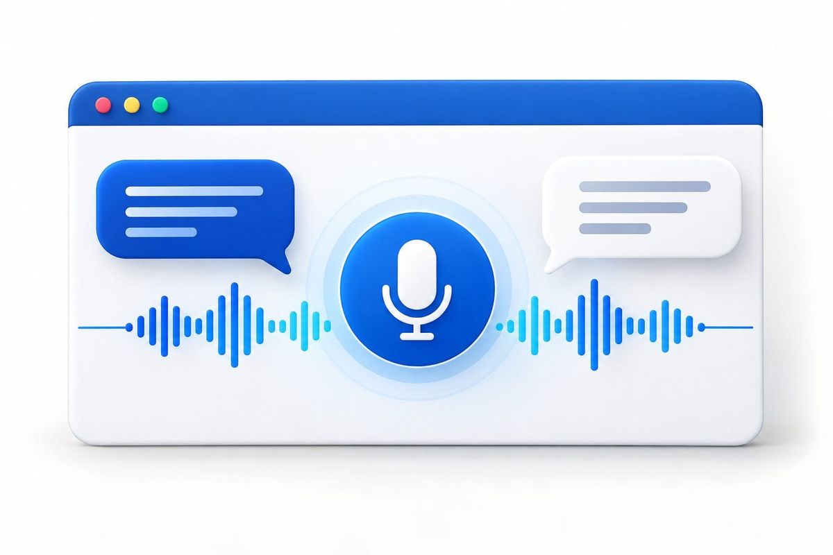 Illustration of website voice chat with a microphone, audio waveform and conversation bubbles