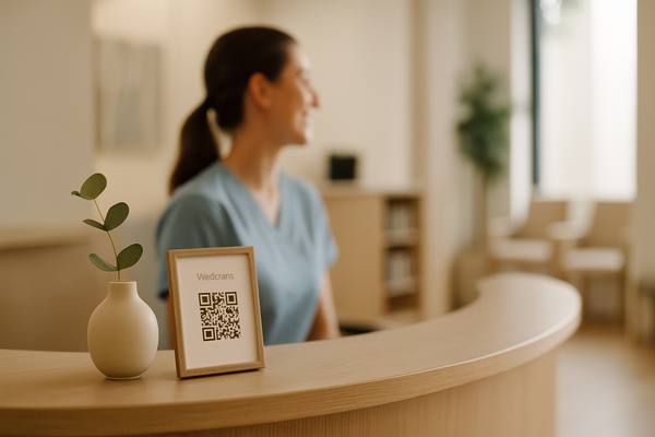Modern dental practice reception with a small QR-code card on the front desk that patients can scan to chat with the AI assistant