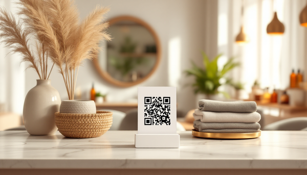 A QR code card on a beauty salon reception desk inviting clients to chat with the salon's AI assistant