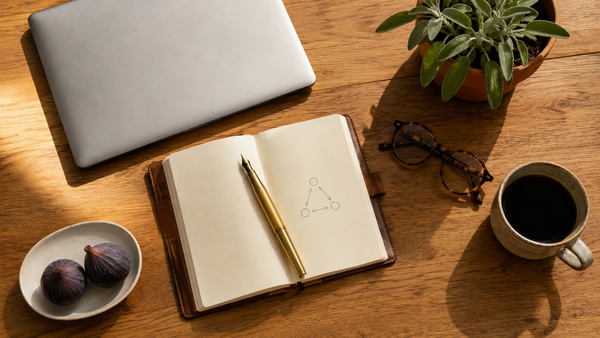 Top-down editorial flat-lay of a coach's workspace — closed laptop, open notebook, brass pen, mug, glasses, sage and figs