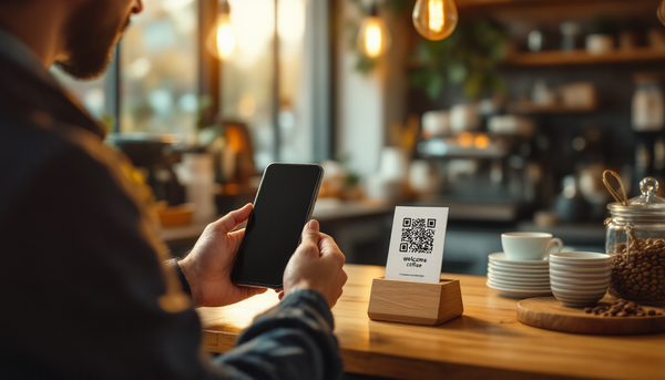 Coffee shop customer scanning a QR code on the counter to chat with the cafe's AI assistant