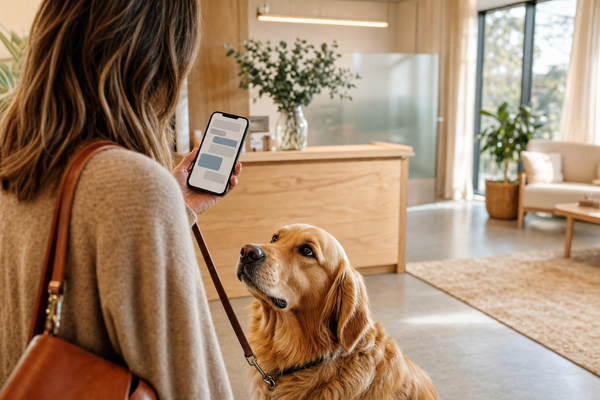Pet owner in a calm vet clinic reception messaging the practice's AI assistant while her golden retriever sits at her side