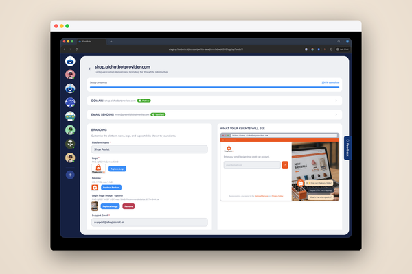 FastBots white-label custom-branding setup: configure a custom domain, brand assets and the chatbot widget your clients see