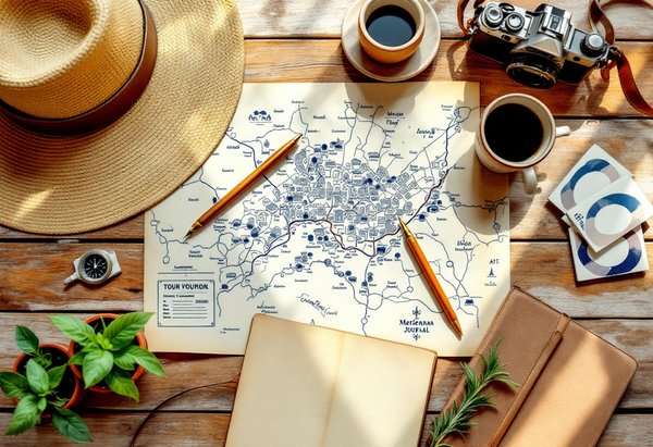 Top-down flat-lay of a tour-operator's planning workspace: paper map with pencil-marked route, brass compass, leather journal, sun hat and vintage camera