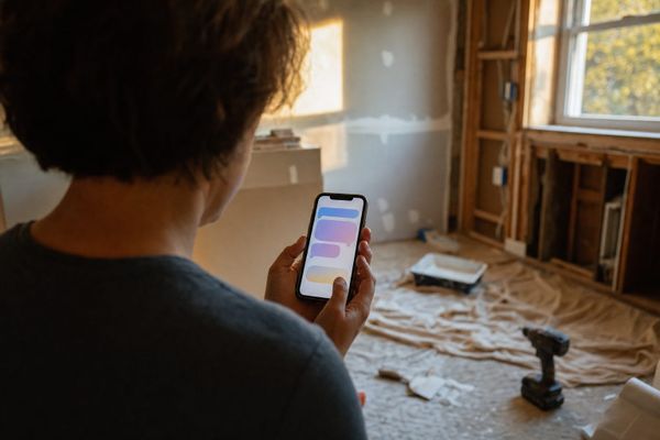 Homeowner sending a project enquiry from a phone in a partly renovated room