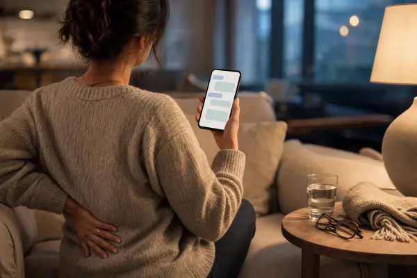 Person at home in the evening, one hand easing their lower back, messaging a chiropractic clinic's AI assistant on their phone