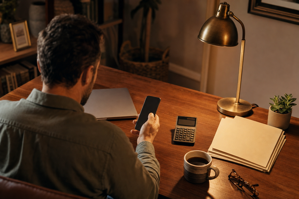 Small-business owner sending an after-hours enquiry from a phone at a warm home desk