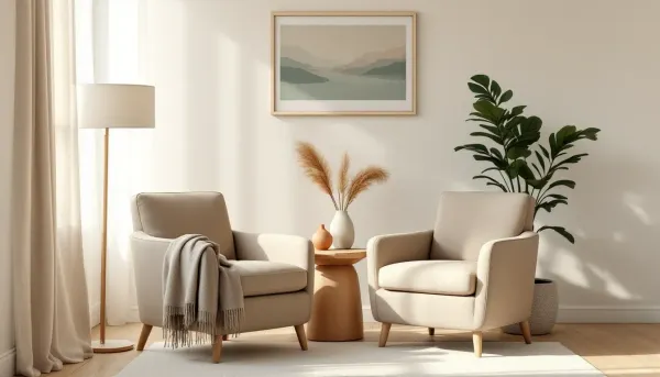 A calm, welcoming therapy practice reception area with soft armchairs and warm light