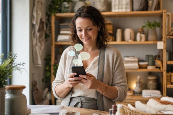 A boutique shop owner replying to customer messages on her phone
